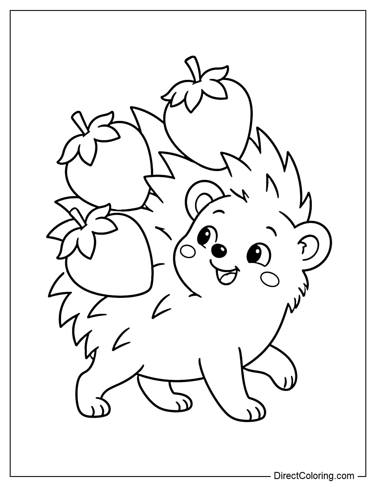 A cute hedgehog walking with three large strawberries caught on the spines along its back, turning around to look at them with delight.
