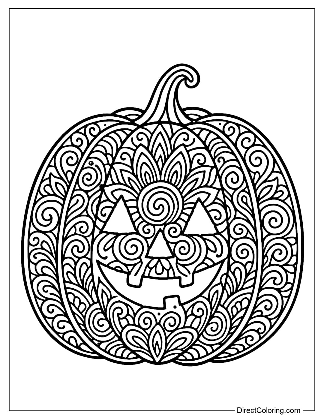 A pumpkin coloring page with spiral mandala patterns helps adults relax when coloring.