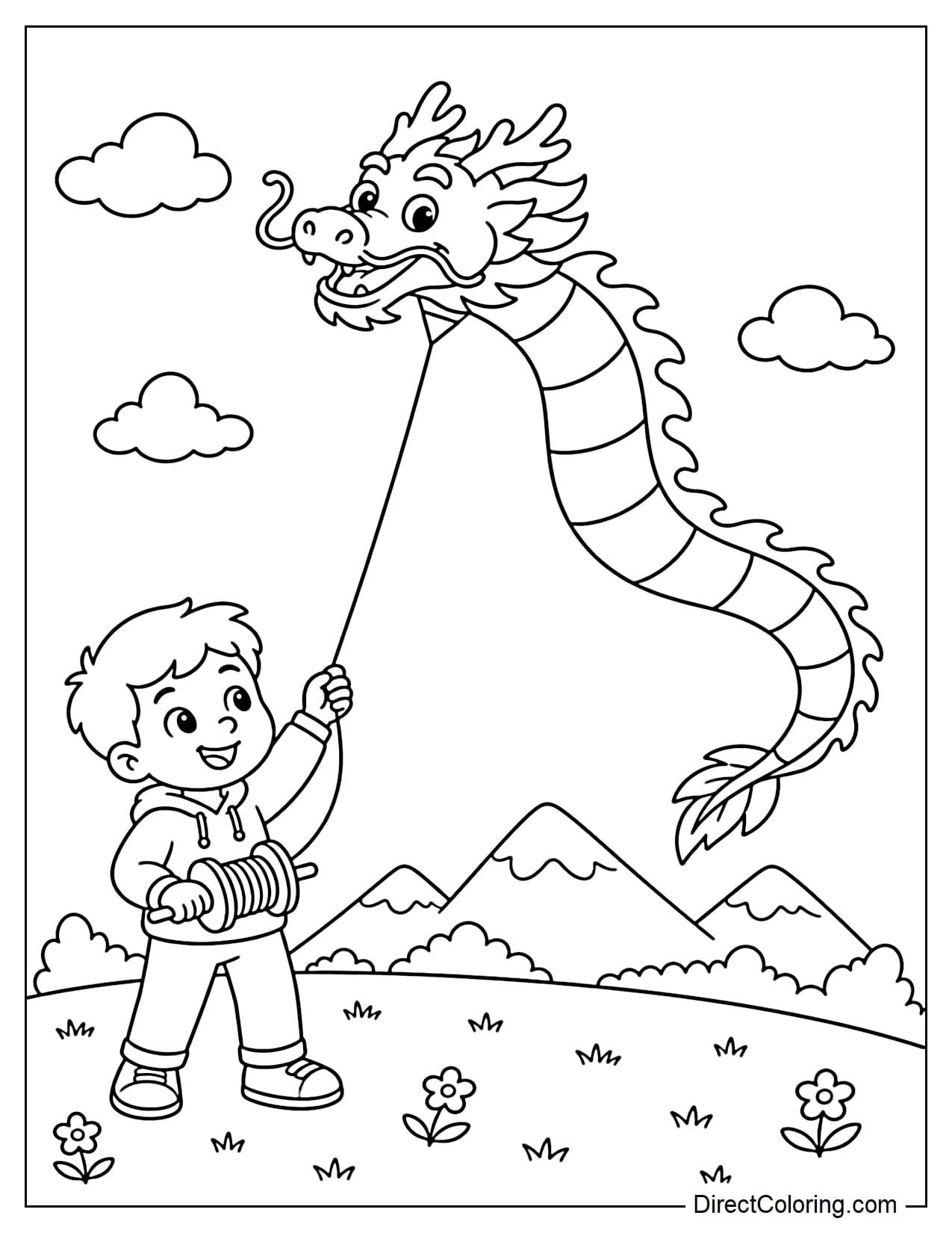 A cheerful boy is holding the string and controlling a long dragon-shaped kite flying in the sky.