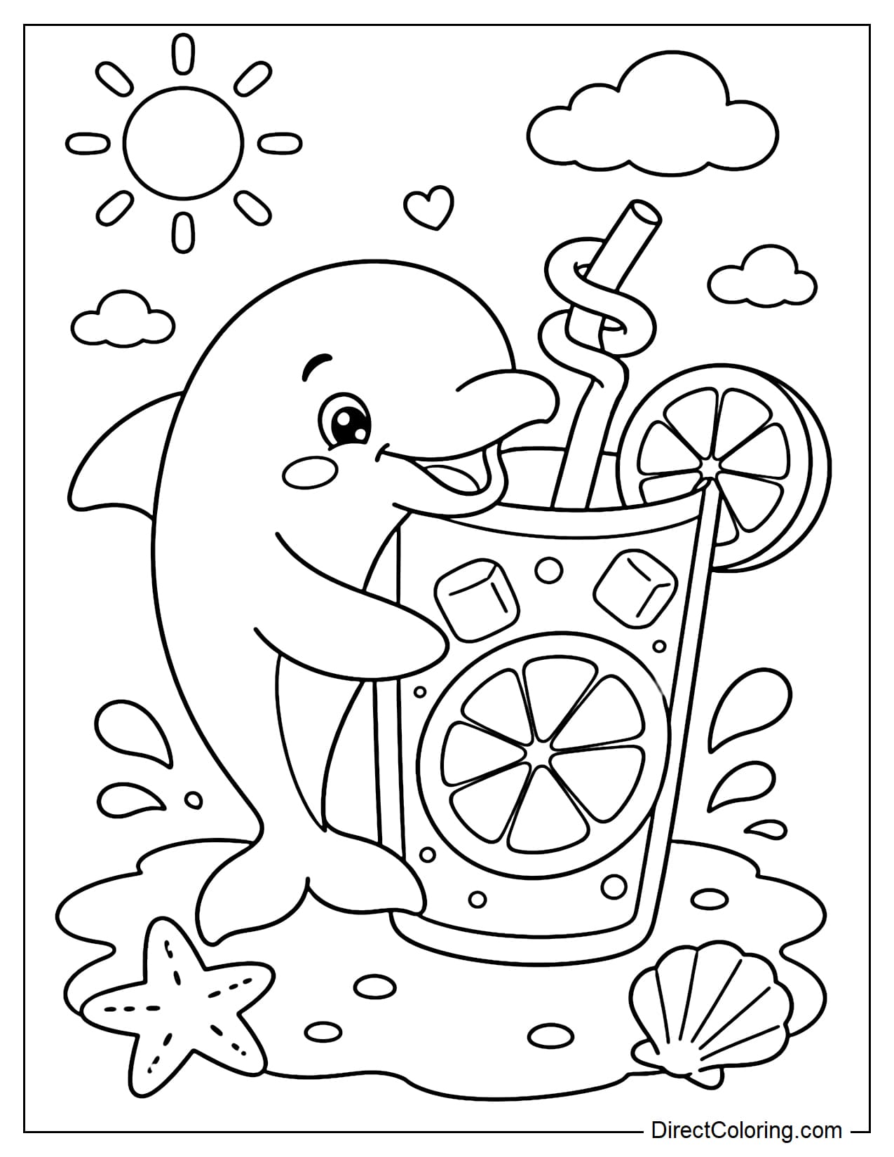 A dolphin is holding a giant lemonade glass with a large lemon slice and a fun, twisted straw.