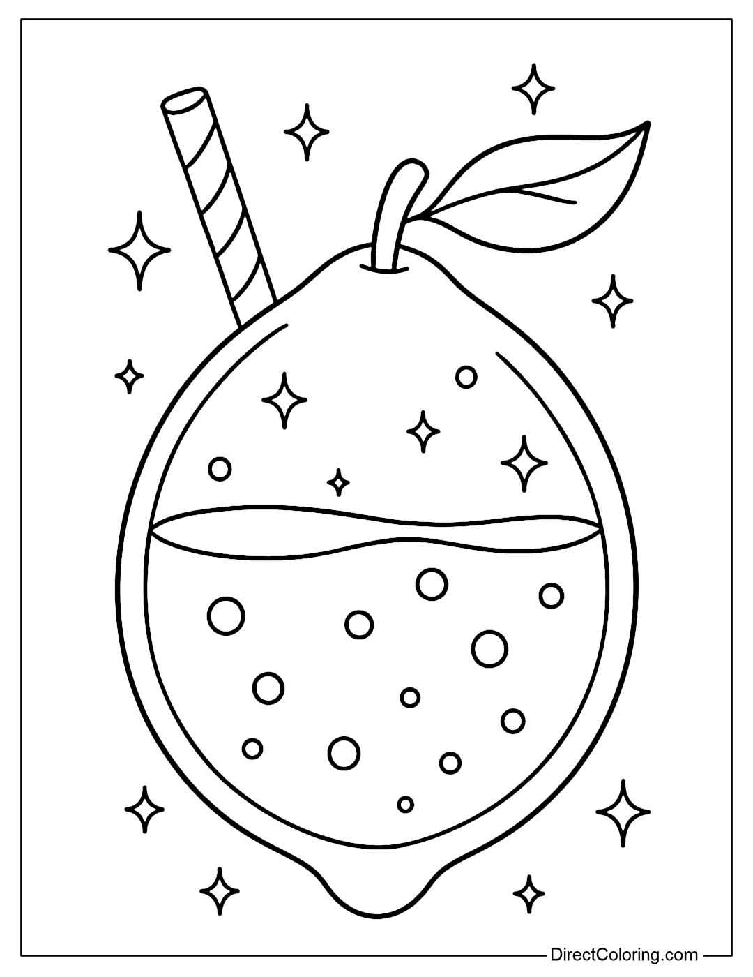 A transparent lemon coloring page filled with yellow water, with a straw and bright spots.