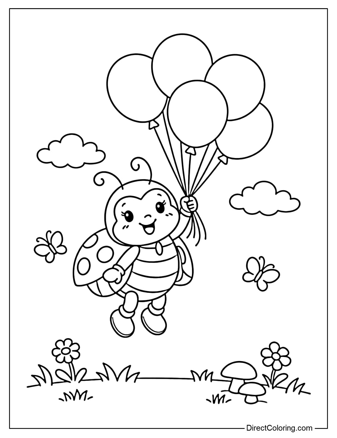 A coloring page of a ladybug holding a bunch of round balloons floating above the grass.