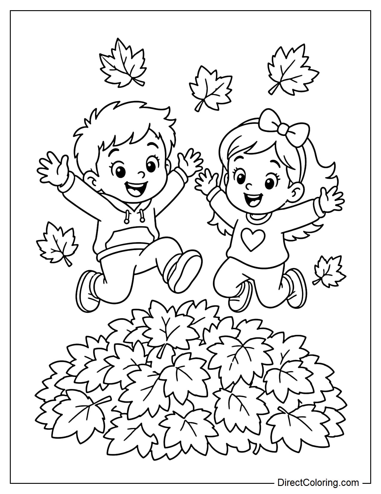 Two cheerful kids jump into a large pile of fall leaves while a few maple leaves flutter around them.
