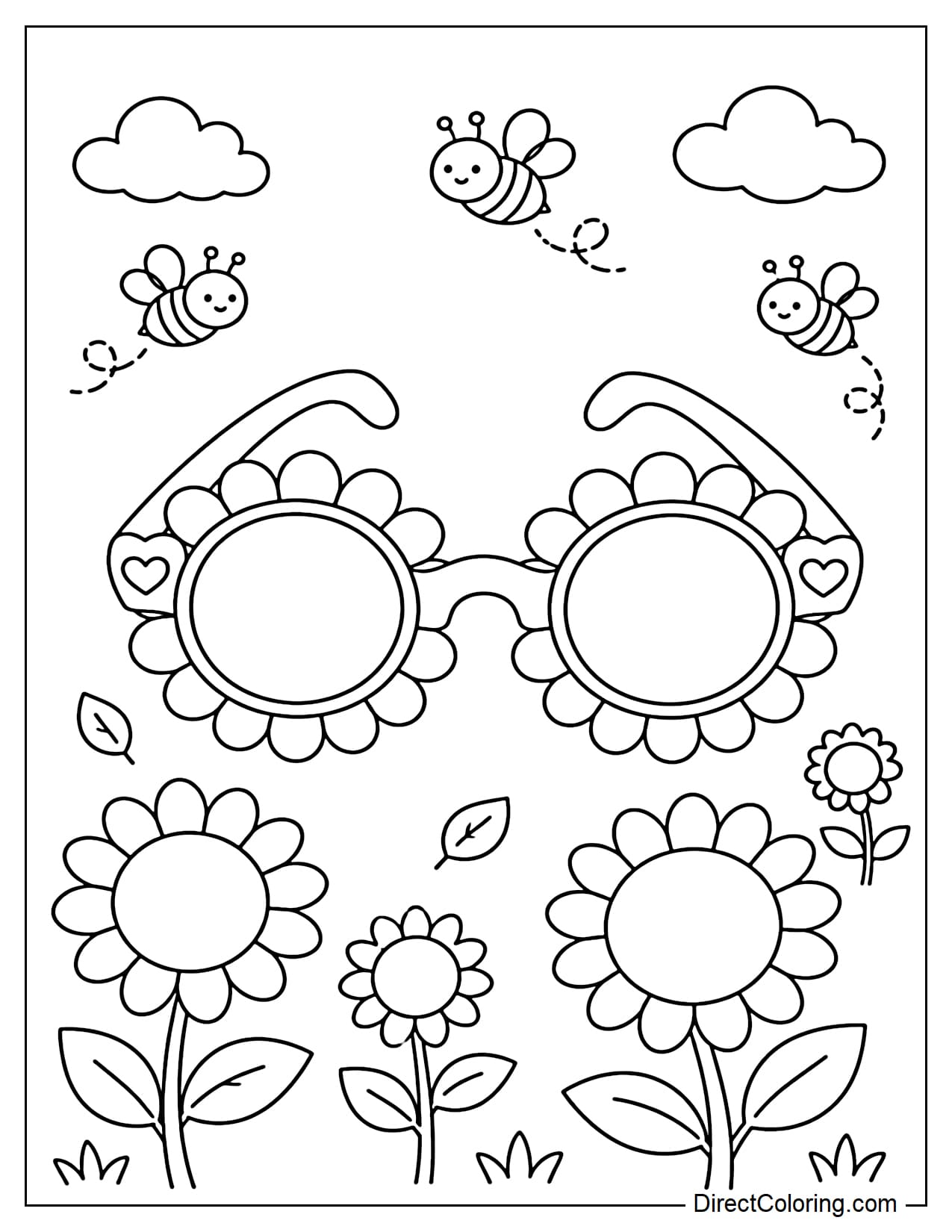A pair of sunflower sunglasses, with small sunflower petals decorating the frame, against a backdrop of a simple sunflower garden with a few small bees flying around.