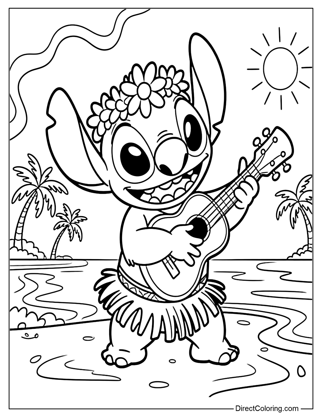 Stitch is wearing a flower crown, grass skirt and dancing on the beach with a ukulele.