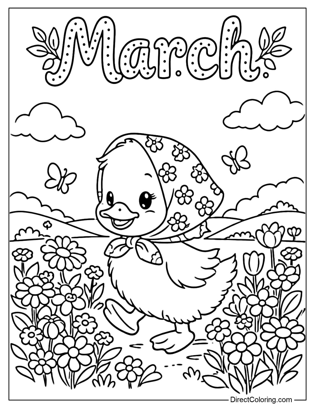 A coloring page featuring a little duck wearing a flower scarf walking through a flower field, with the word 