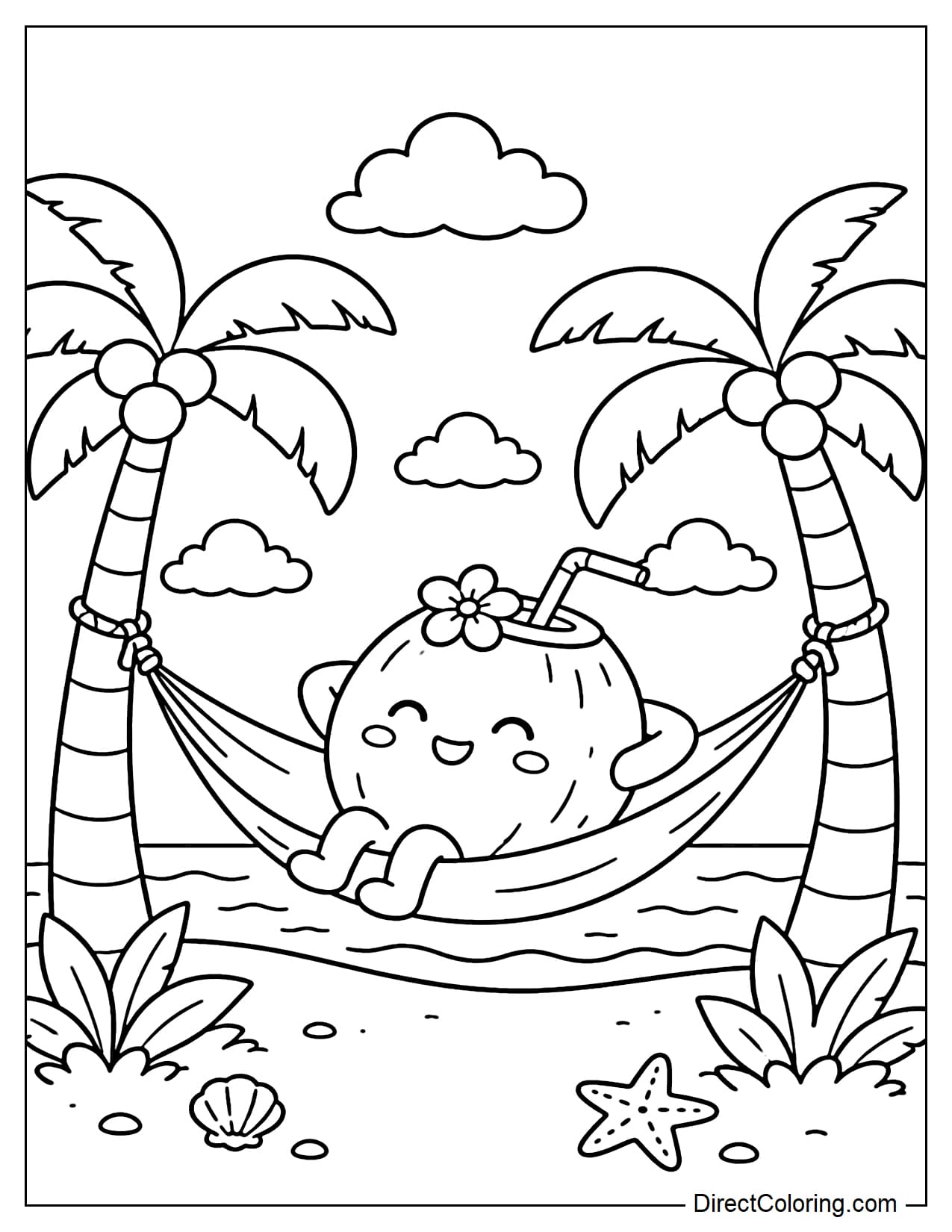 An adorable coconut is relaxing in a hammock tied between two small coconut trees, surrounded by clouds and waves.