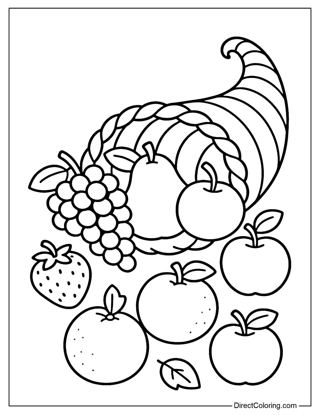 Cornucopia coloring page is filled with only fruits such as apples, pears, grapes, oranges, strawberries.