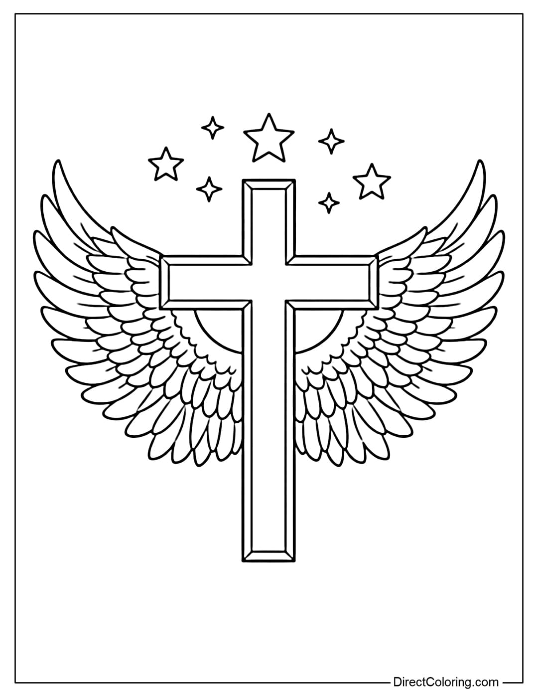 Coloring page of a large cross with outstretched angel wings symmetrically placed on either side of the cross.
