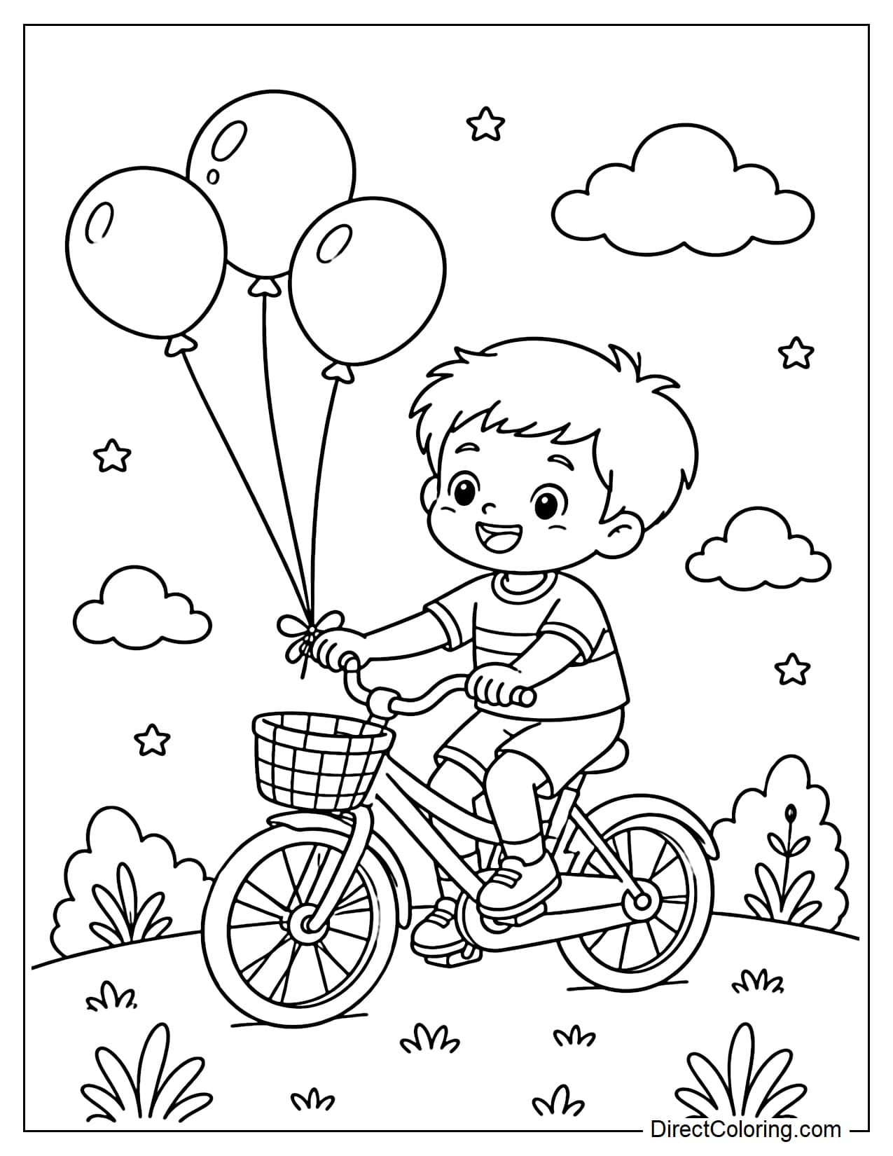 A cheerful little boy rides his bike with a few balloons tied to the handlebar. Grass, clouds, and a few small stars decorate the scene.