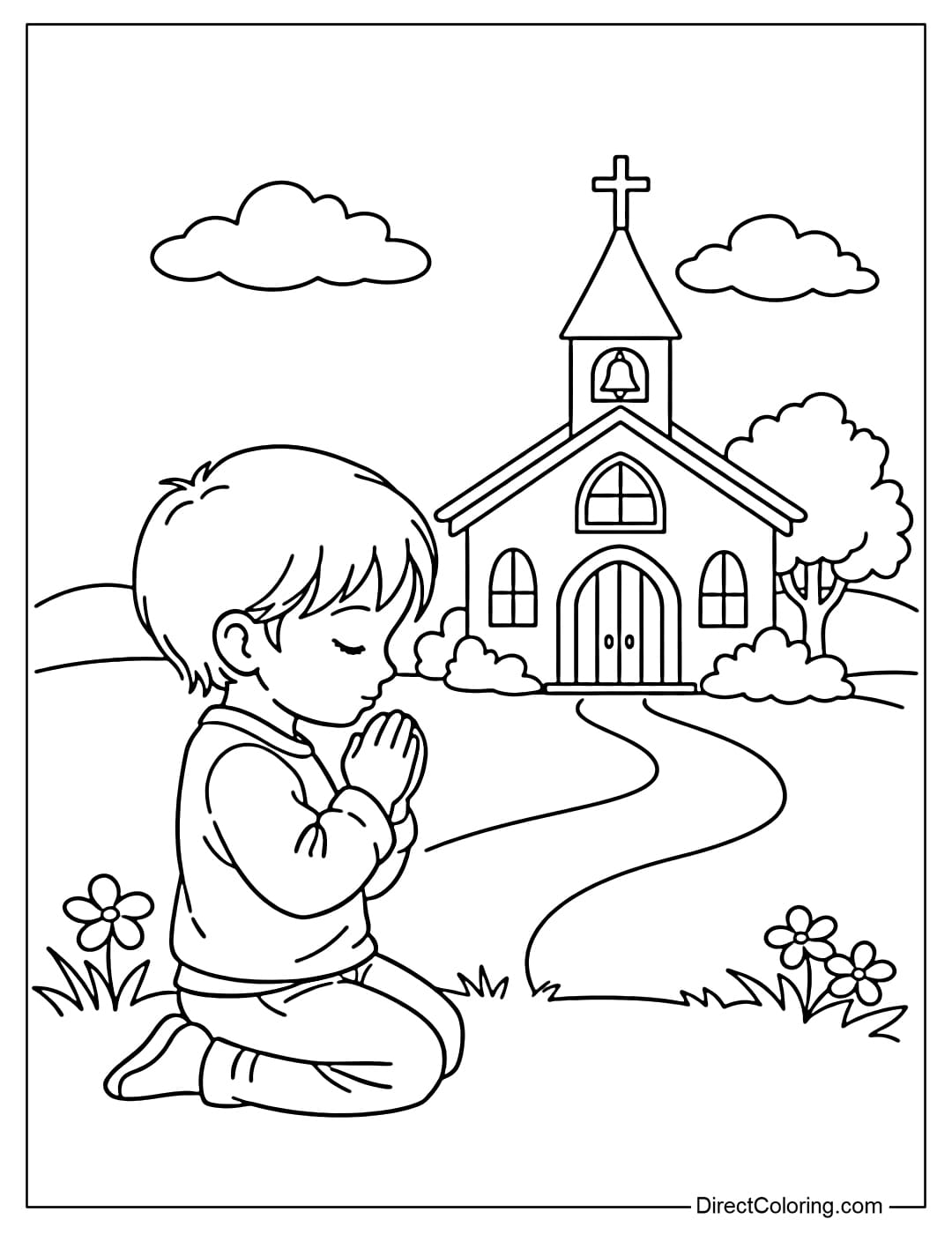 A coloring page of a child kneeling in prayer in front of a church.