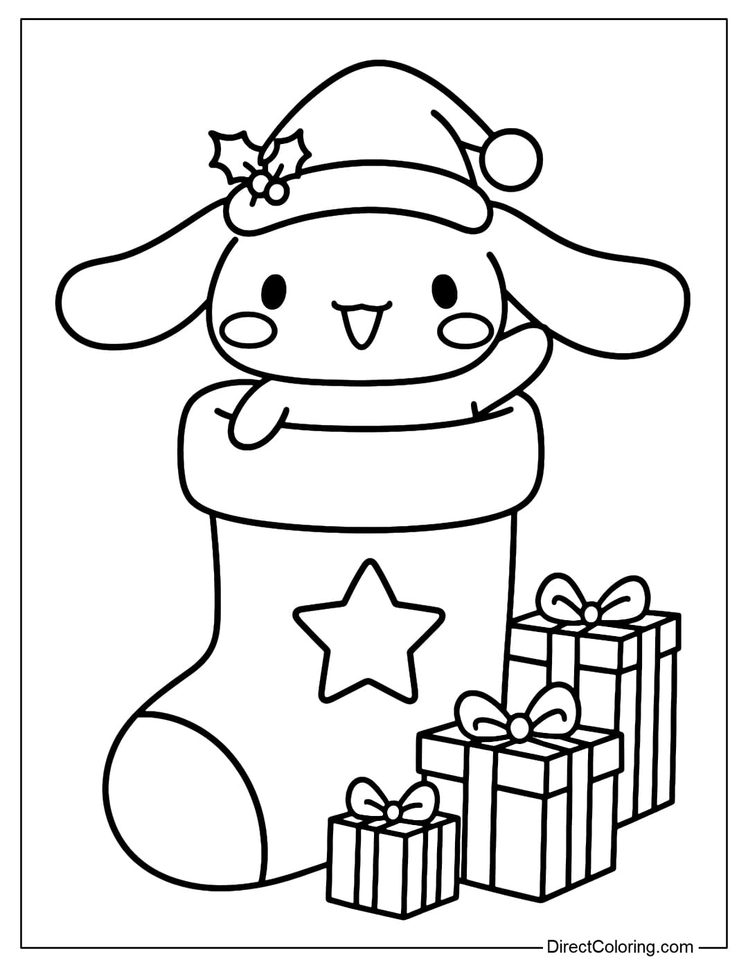 Coloring page of Cinamoroll wearing a santa hat, crawling inside a giant Christmas stocking, with only his head, long ears and waving hands sticking out.