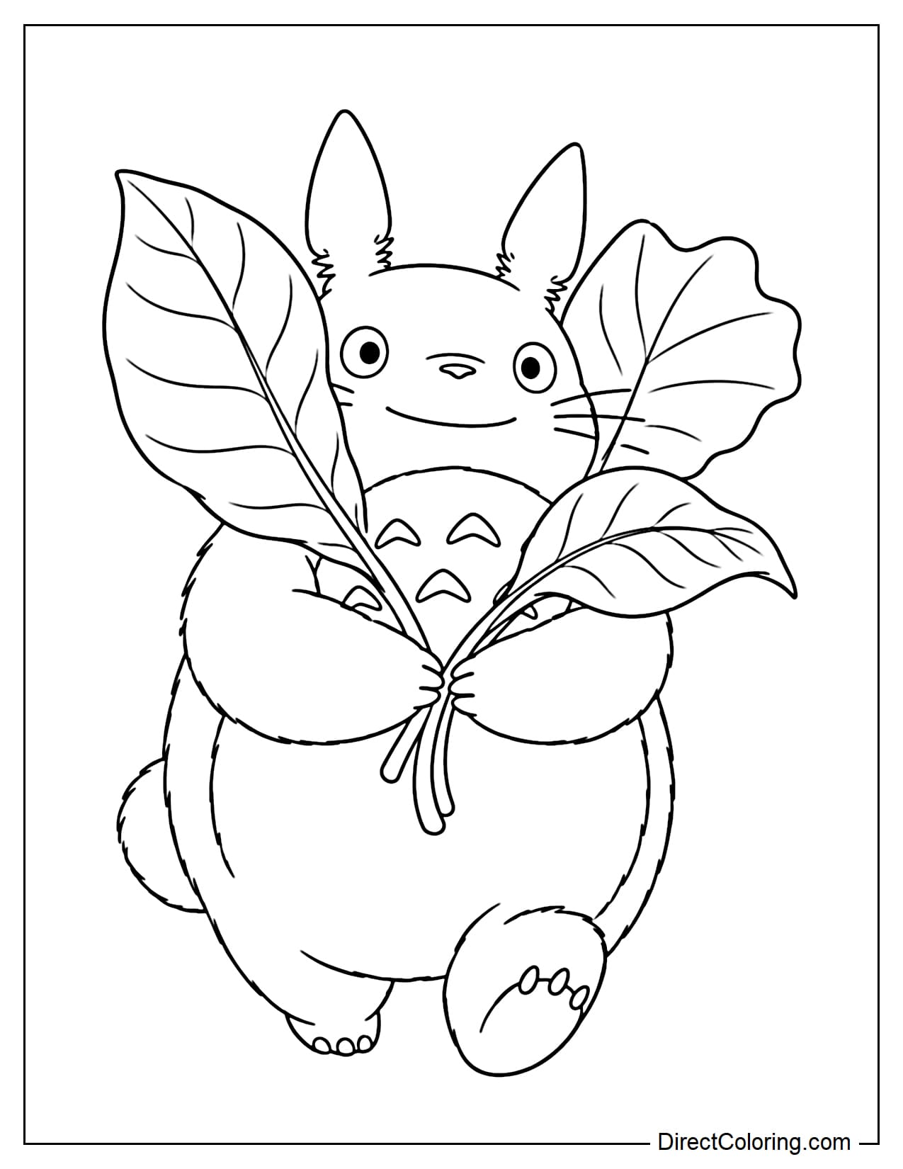 Totoro walks while carrying three giant leaves against his belly, with the tall leaves rising around his face and one leaning outward.