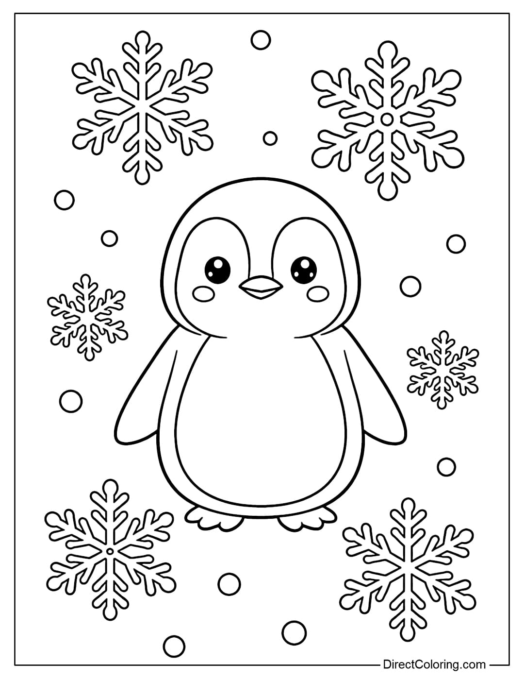 A coloring page of a penguin standing in the middle, surrounded by several large snowflakes.