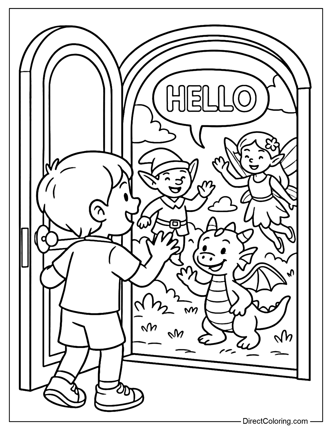 Coloring Page A child opens a magical door leading to a magical world - where fairy tale characters (like elves, baby dragons, fairies) are happily waving 