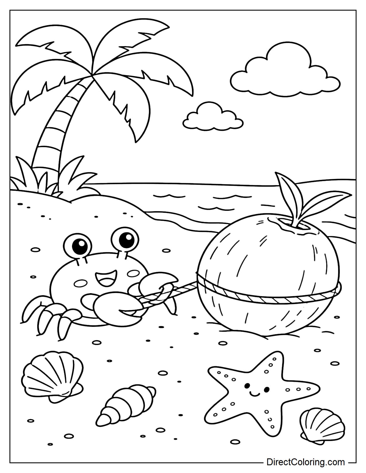 An adorable little crab is pulling a coconut on the sand with its claws, surrounded by seashells and starfish.