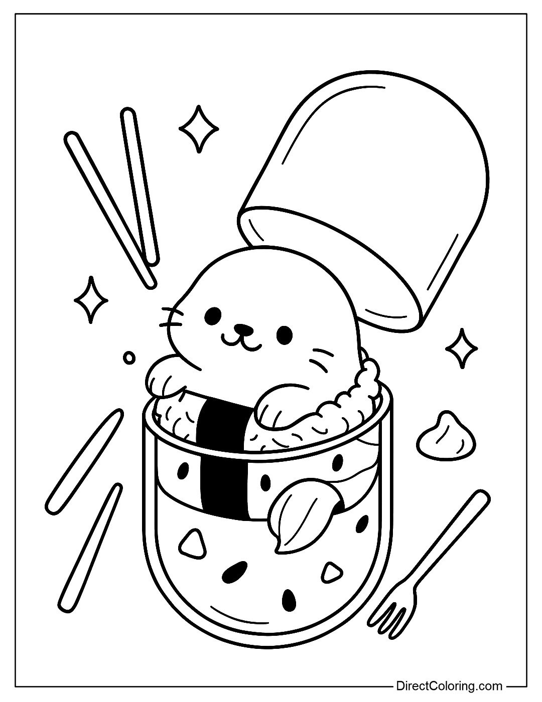 A coloring page of a capsule with a seal rolled in rice and seaweed like sushi, emerging from a bento box capsule, surrounded by chopsticks and wasabi