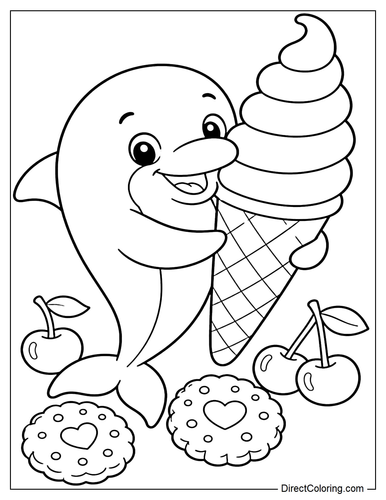 A cheerful dolphin is holding a giant spiral ice cream cone, with several cookies and a large cherry underneath.