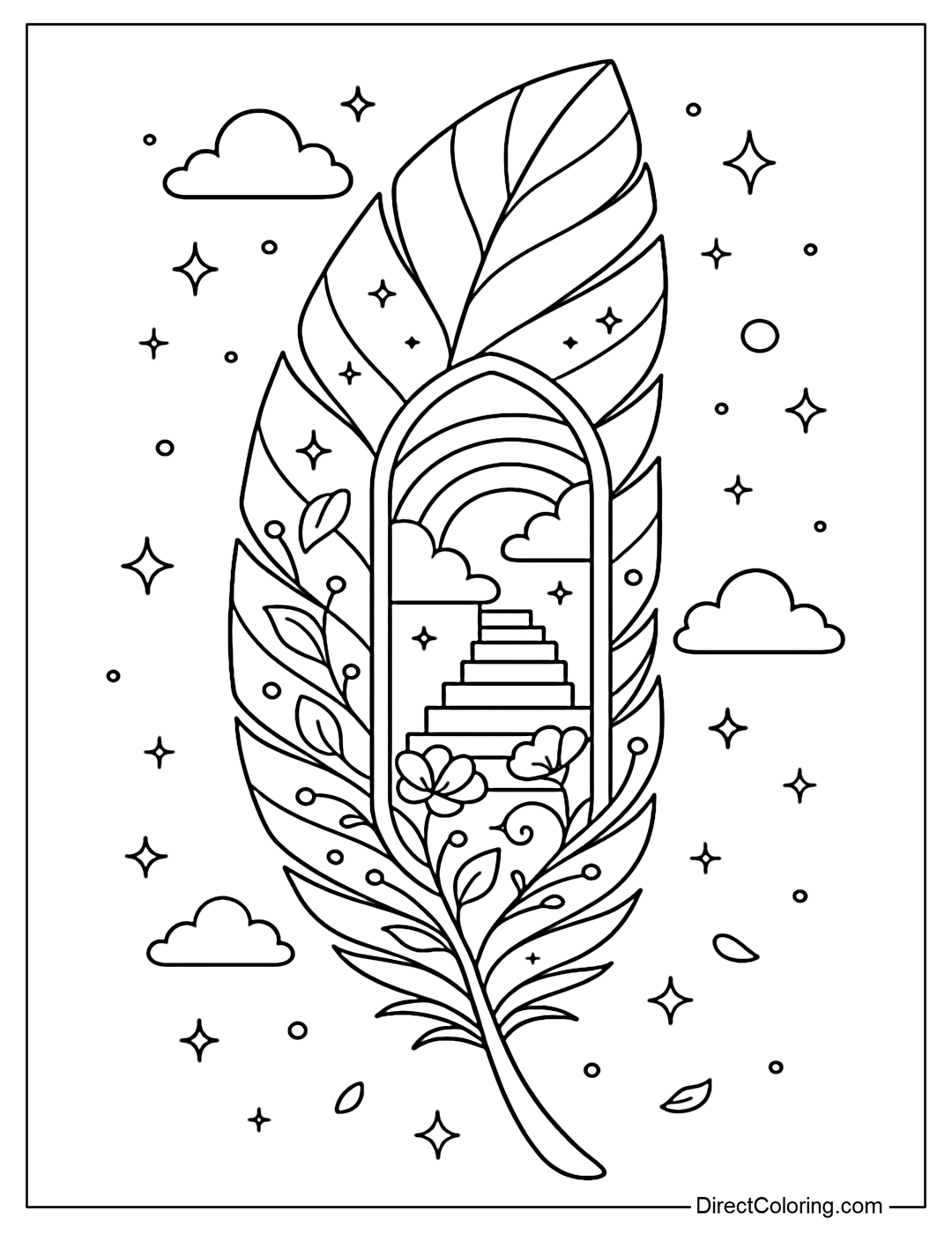 Feather coloring page opens up another space – with a dream ladder and a rainbow.