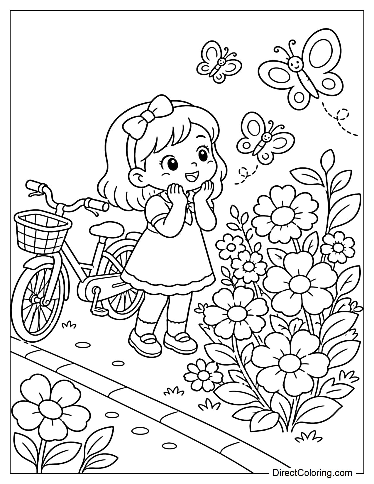 A little girl stops her bike by the roadside to watch butterflies flutter around a flower bush. Large flowers and simple leaves surround the scene.