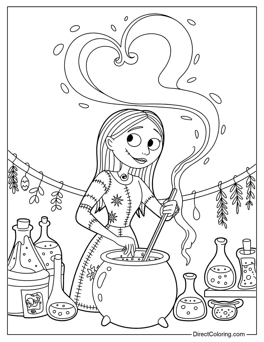 Sally stirring a small pot of potion coloring page, the smoke rising into a heart shape.