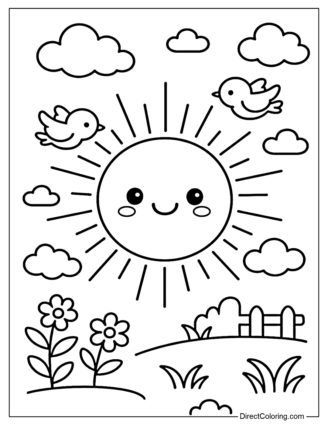 A smiling sun coloring page, surrounded by clouds and little birds