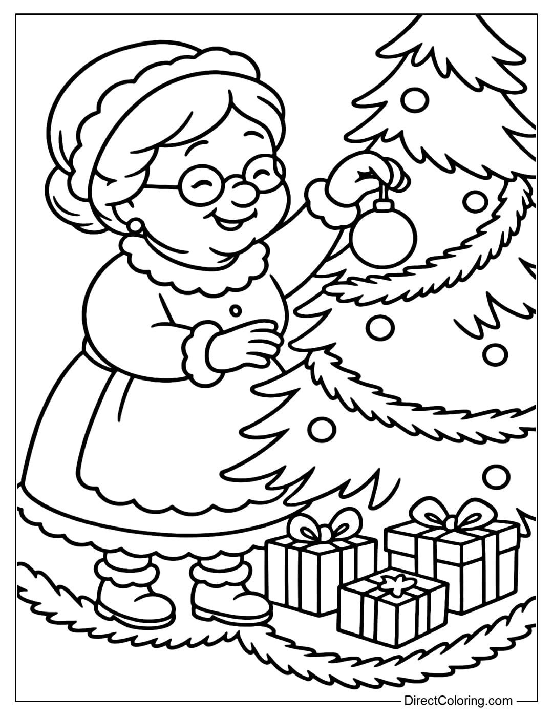 A Mrs Claus coloring page hanging baubles on the Christmas tree, surrounded by tinsel and small gifts.