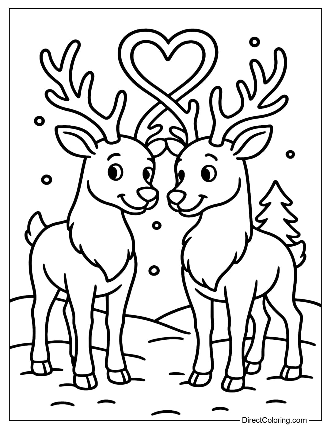 Reindeer Couple Coloring Page A coloring page of two reindeer standing close together, their horns intertwined like a heart.