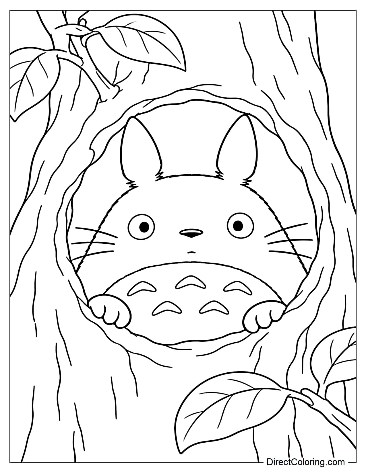 Totoro curiously peeks through a large round tree hollow, with his face and hands visible and both ears sticking above the opening.