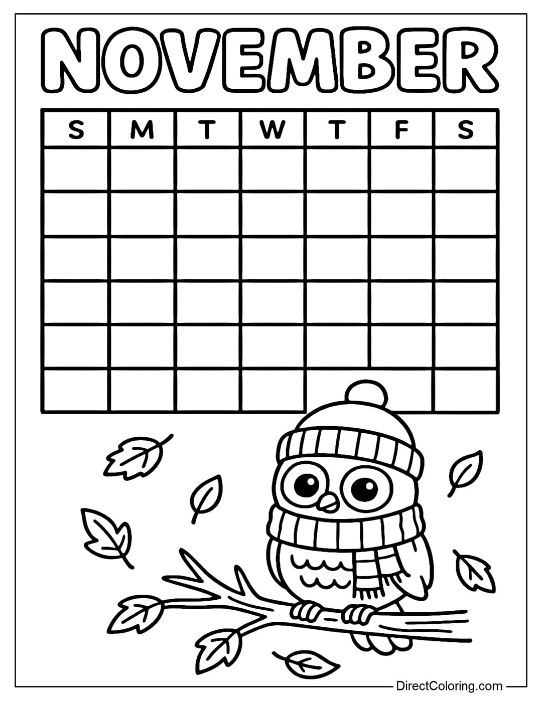 November calendar coloring page, above is the word NOVEMBER. In the lower corner of the calendar is a cute owl wearing a scarf, perched on a tree branch.