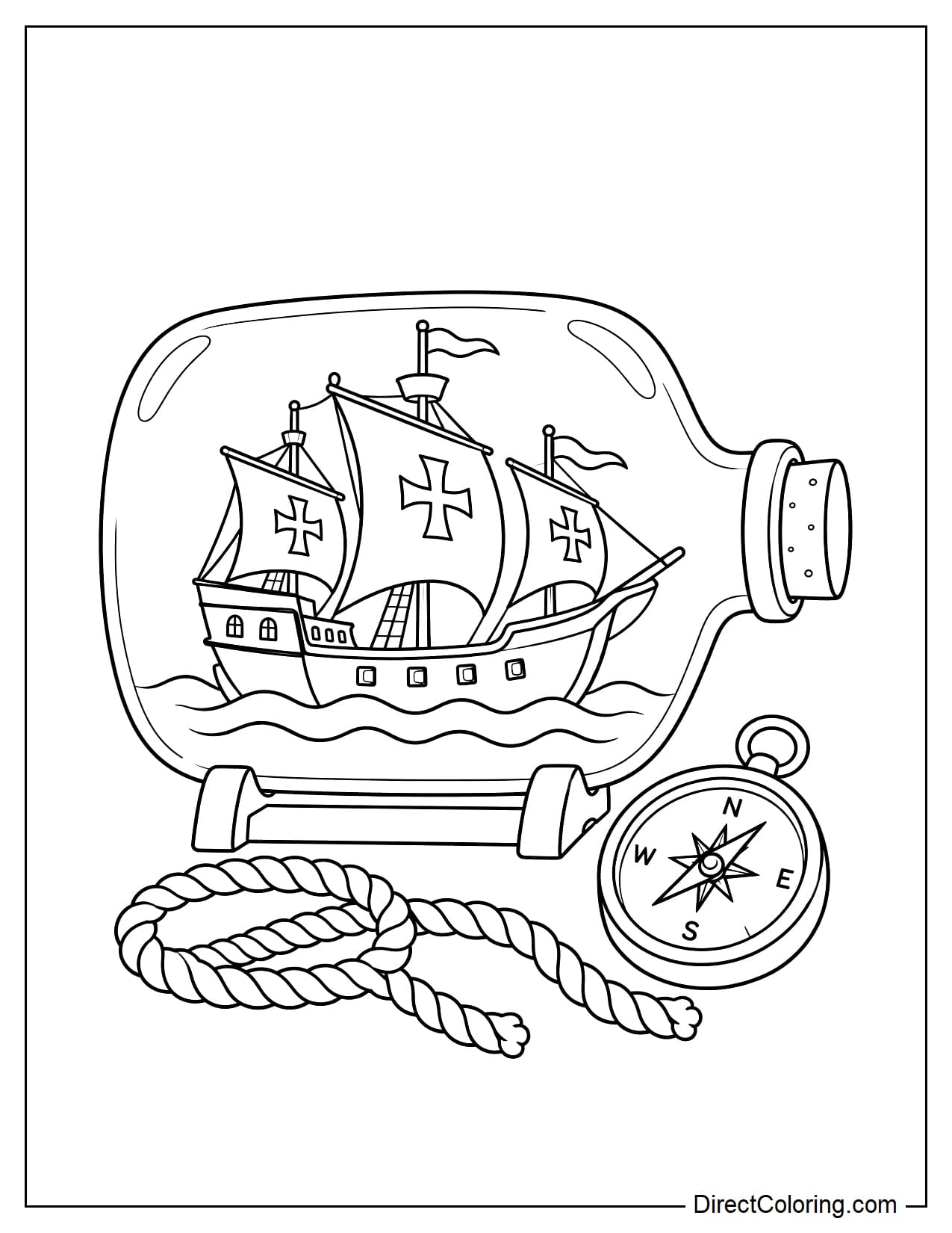 A large glass bottle lies horizontally with a model of the Santa María inside, featuring a clearly defined hull and large sails, while a small compass and a coil of rope rest outside the bottle.