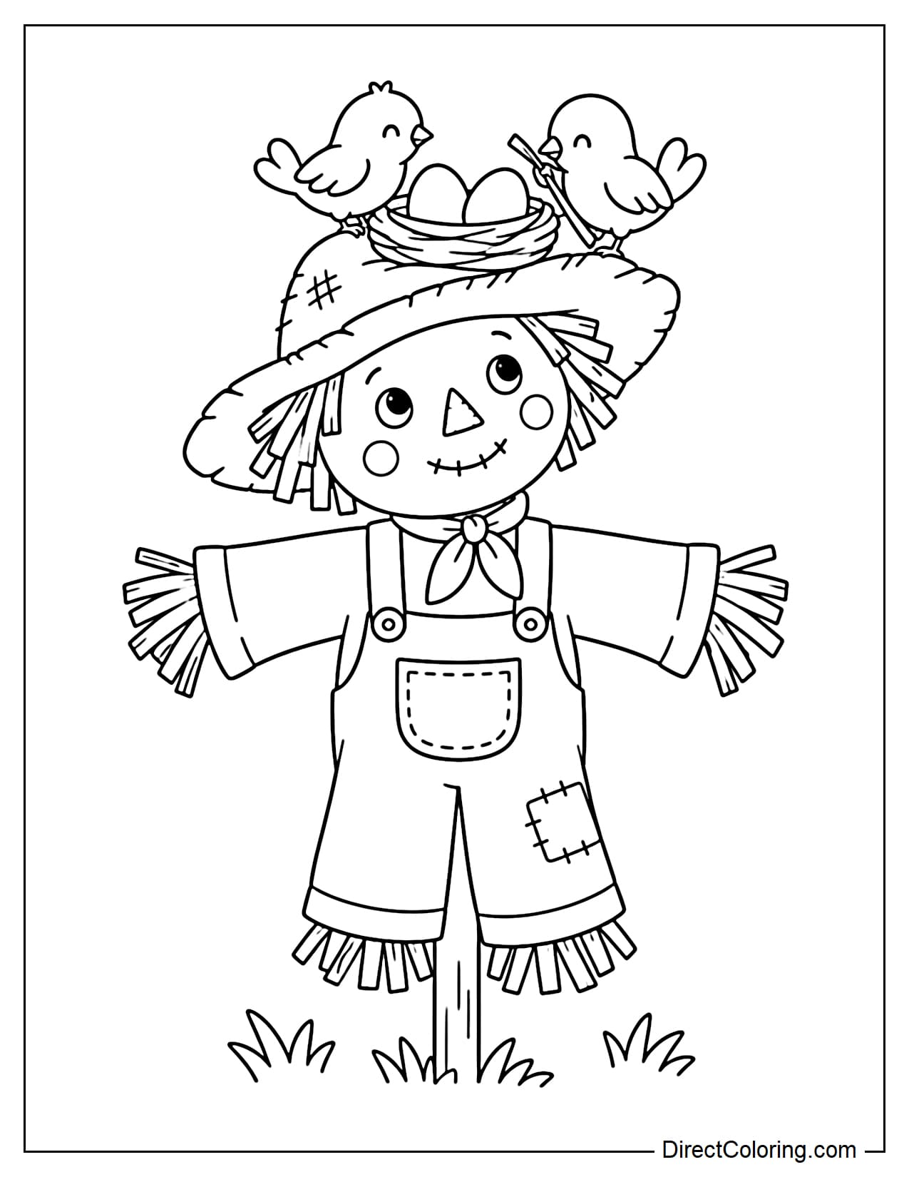A scarecrow stands with an adorably puzzled expression while two little birds build a simple nest on top of its large straw hat.
