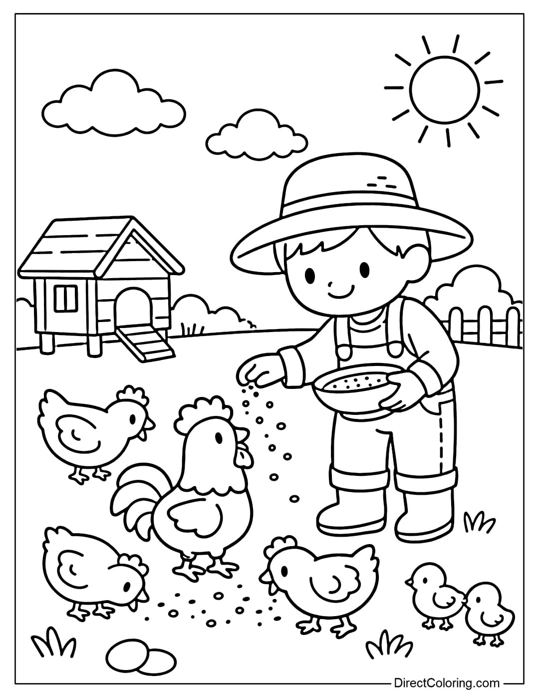 Coloring page of a farmer feeding chickens with a simple layout.