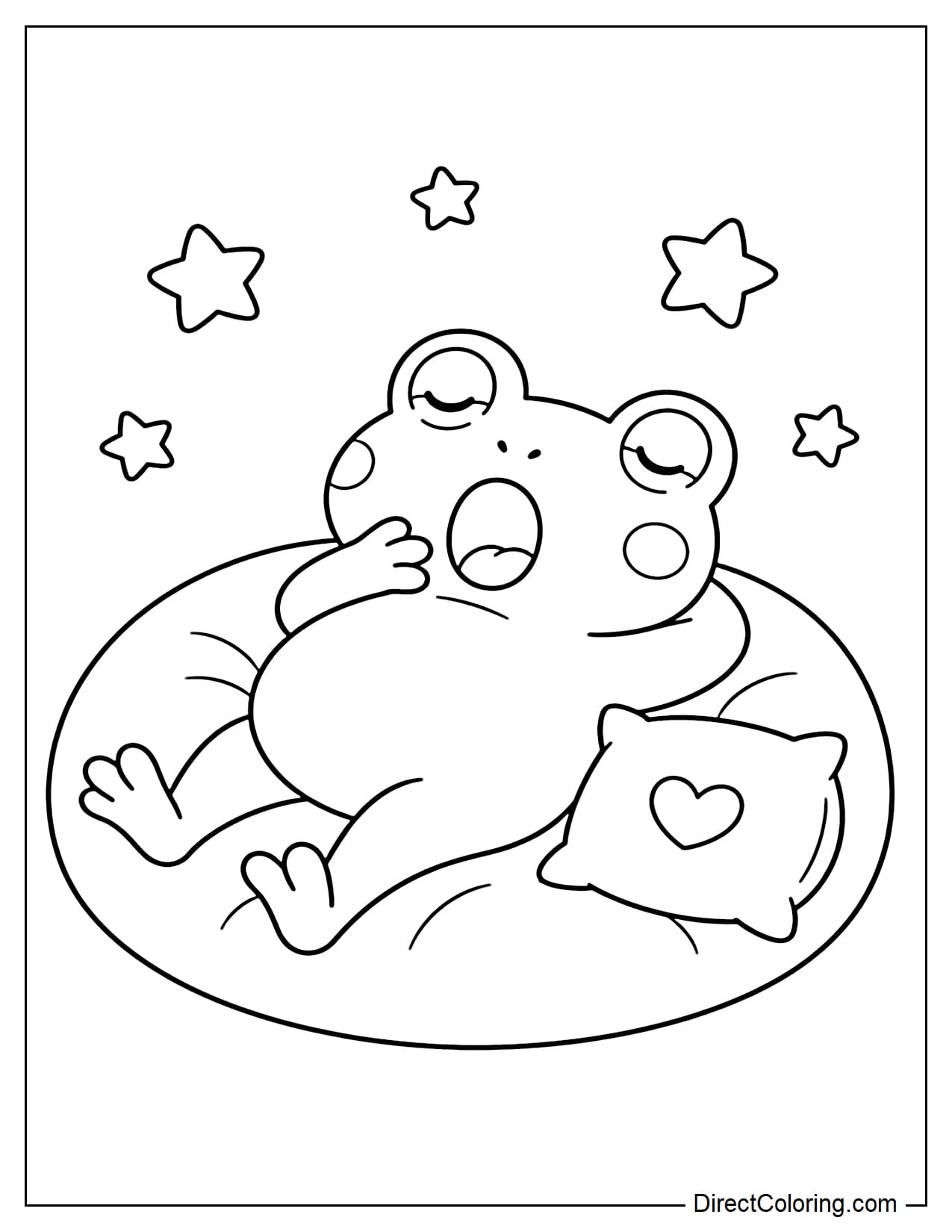A cute, lazy, chubby frog is lounging on a soft, round cushion, surrounded by a small pillow and some stars.