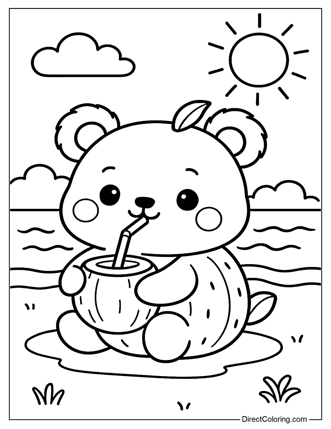 A small panda coloring page with a brown coconut-shaped body and a straw in its hand. The background is a beach and waves.