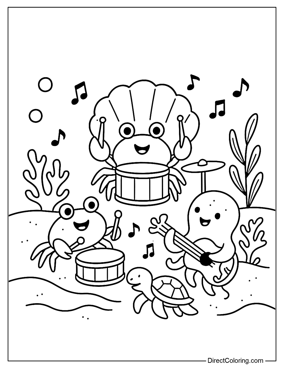 Coloring page with a crab band performing under the sea, with a shell drum and a coral reef.