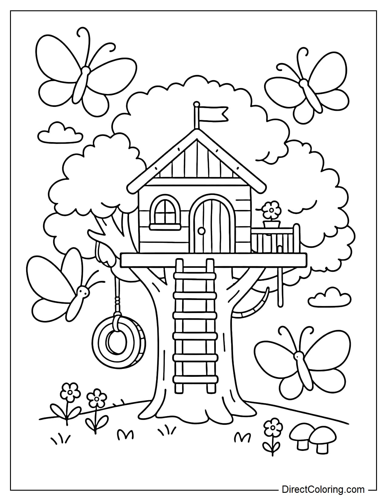 A treehouse with several large butterflies flying around.
