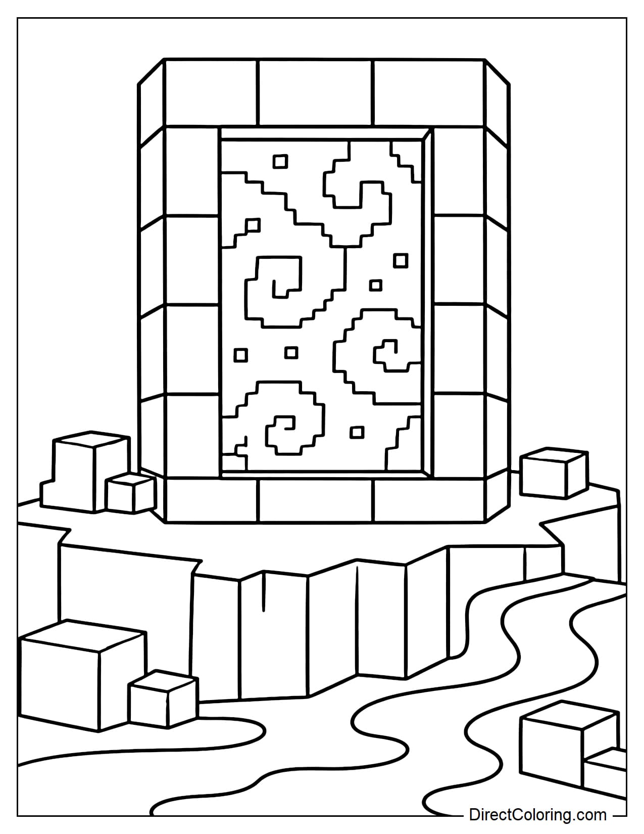 A large rectangular Nether Portal stands on raised ground, surrounded by a few stone blocks and simple pools of lava.
