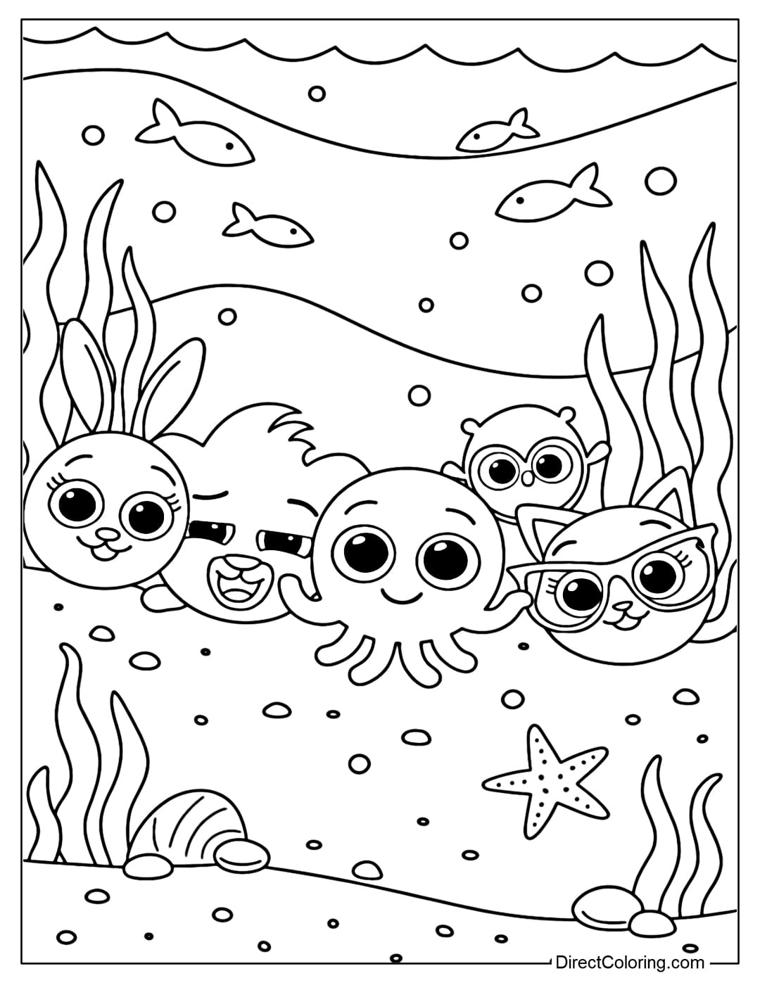 A coloring page of Rick, Pow, Sophie, Bunny, Pipi playing under the sea, with fish, starfish, seaweed.