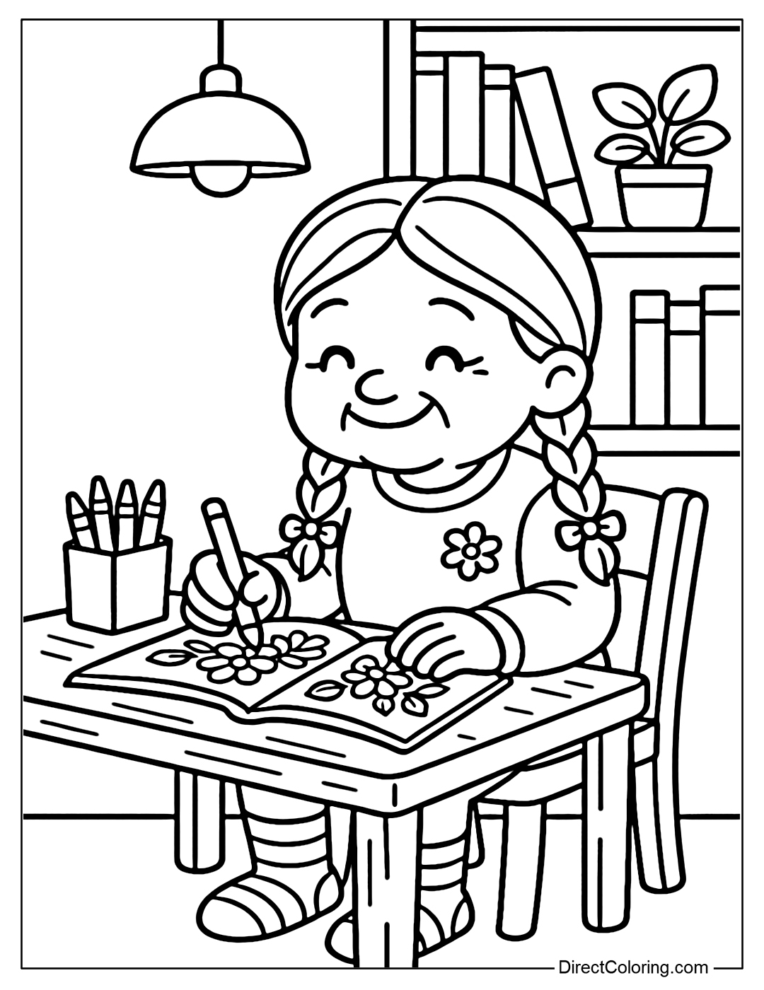 Coloring page Grandma sits at a wooden table, in front of her is an open coloring book, holding colored pencils with excitement.
