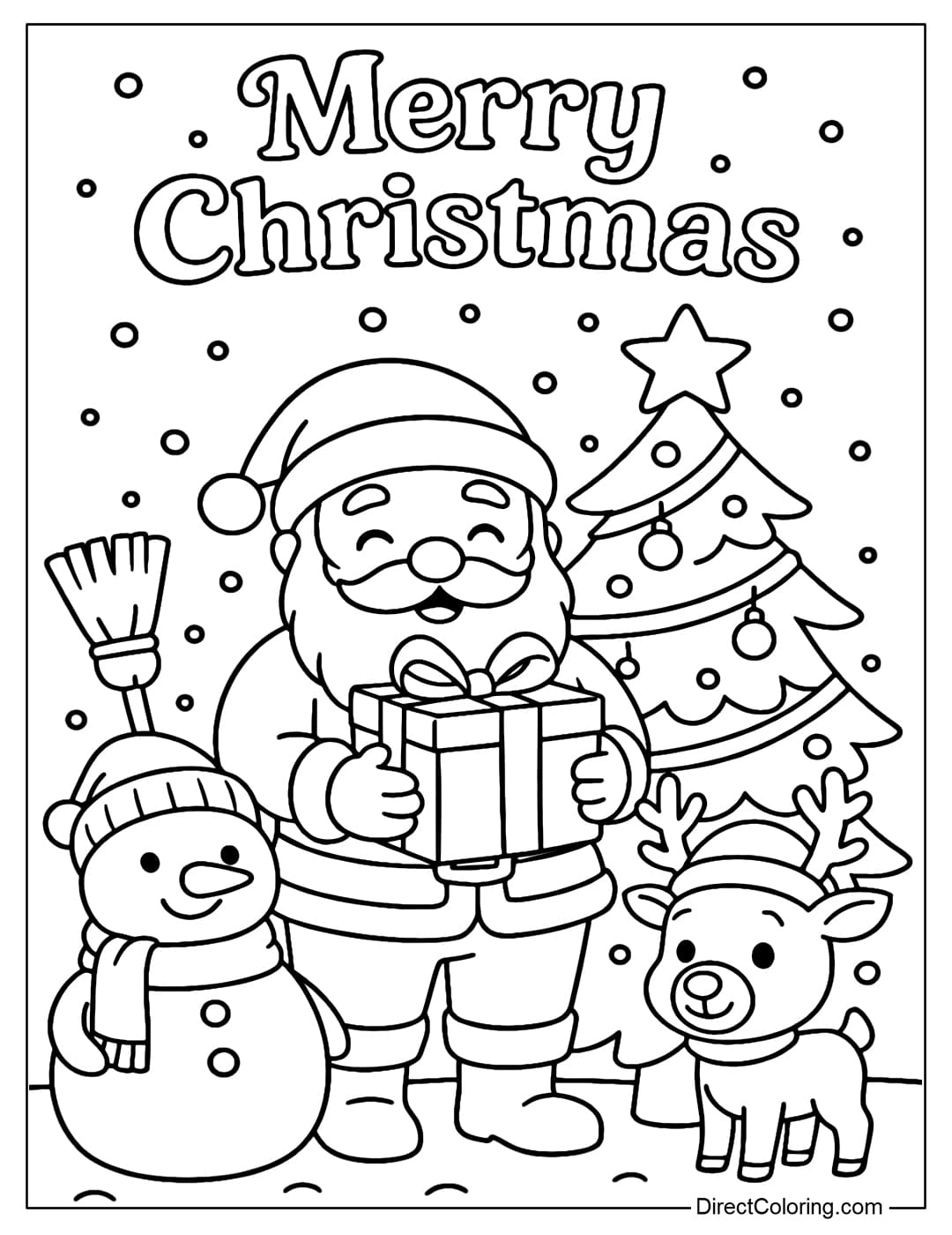 Cute Christmas coloring page with cheerful Santa Claus, holding a big gift box, standing next to a Christmas tree, reindeer, snowman.
