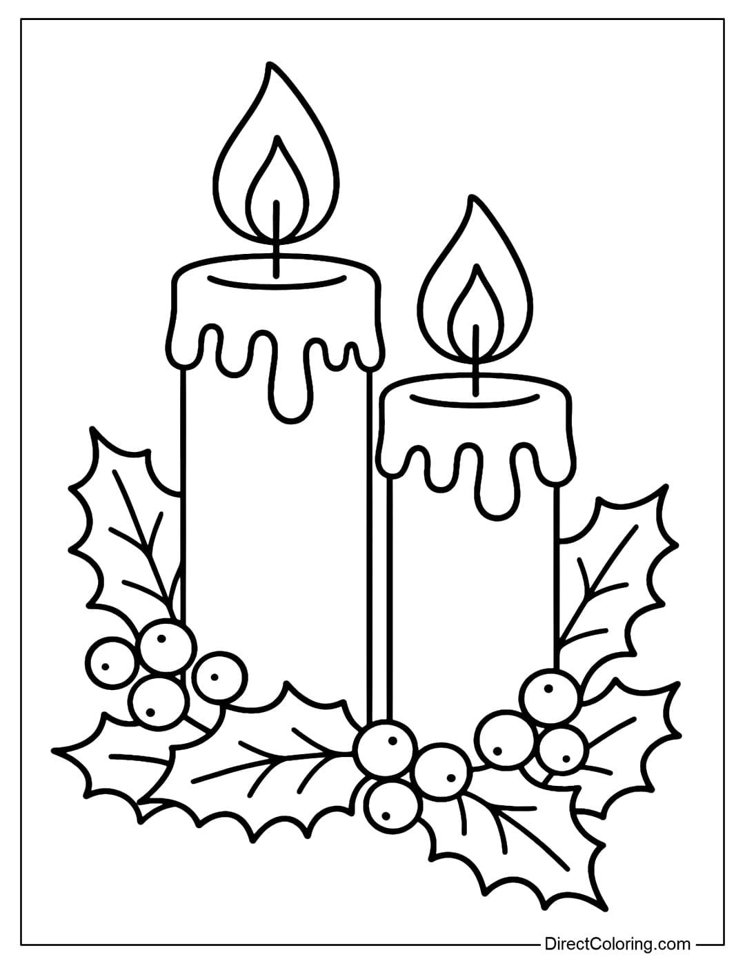 Coloring page of two large wax-edged candles, with a few large holly leaves and red berries on the background.