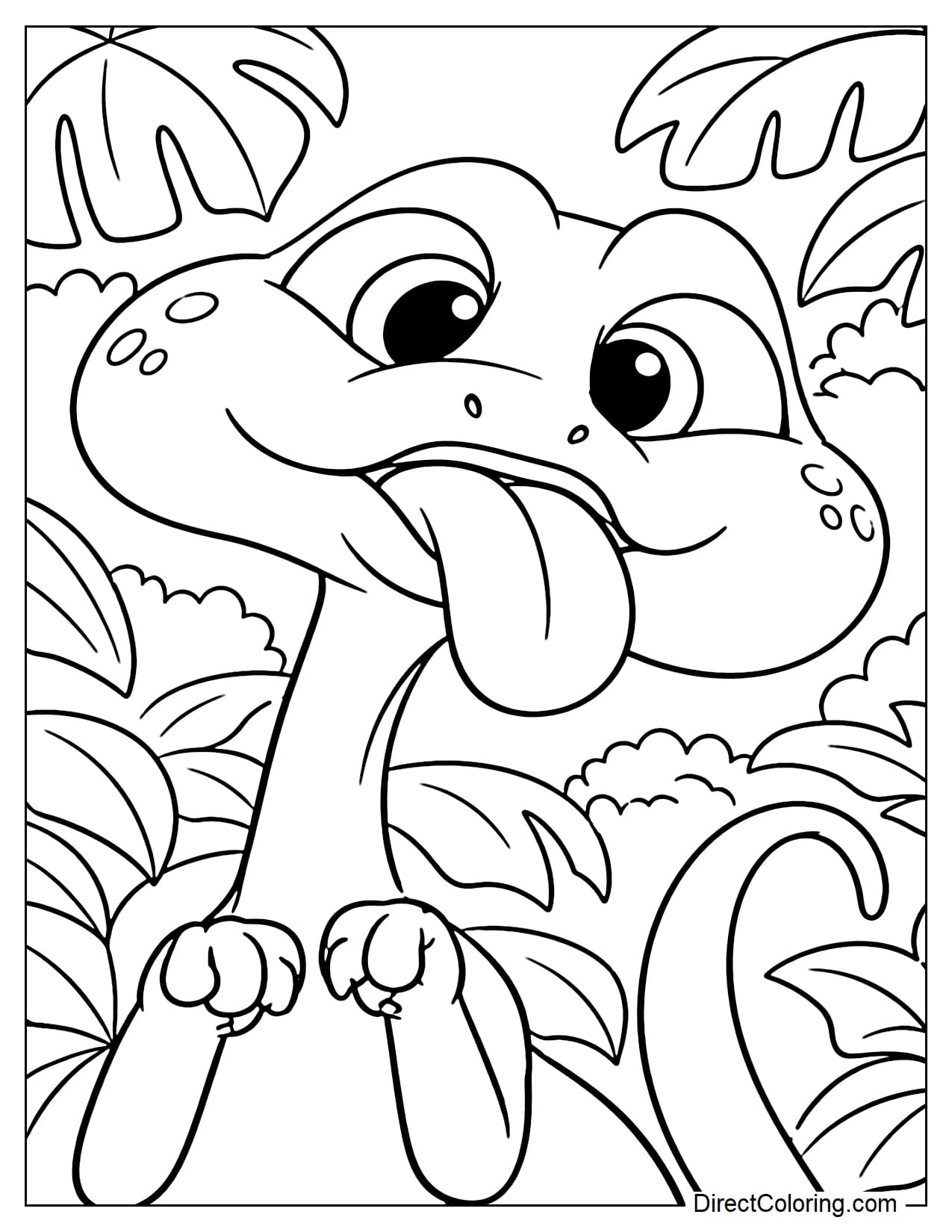 A playful long-neck dinosaur sticks out its tongue with a goofy smile, surrounded by large tropical leaves in the jungle.