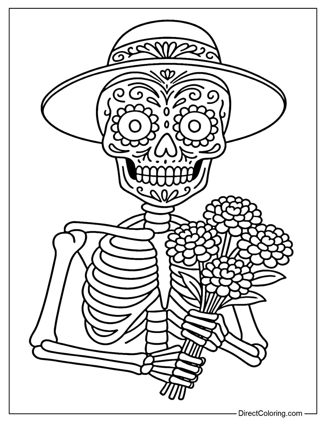 Dia de los Muertos Skeleton Coloring Page, face decorated with calavera pattern, wearing a wide-brimmed hat, holding a bouquet of marigolds.