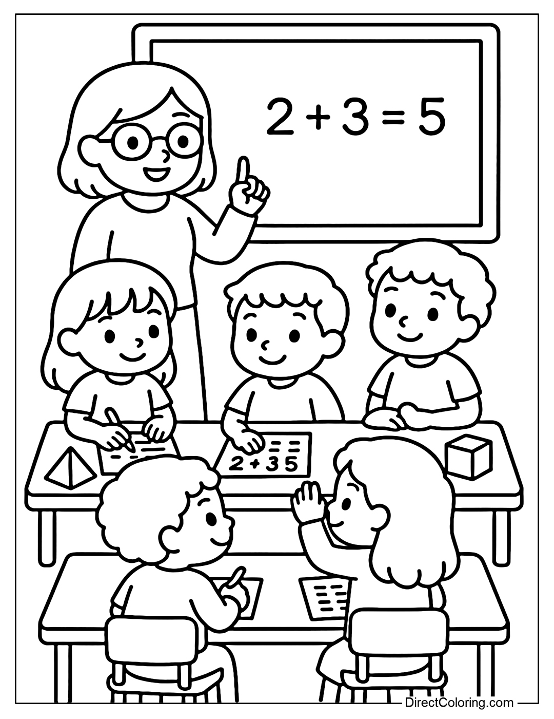 A coloring page of students doing math with a blackboard, geometric shapes and a simple spreadsheet on the table.