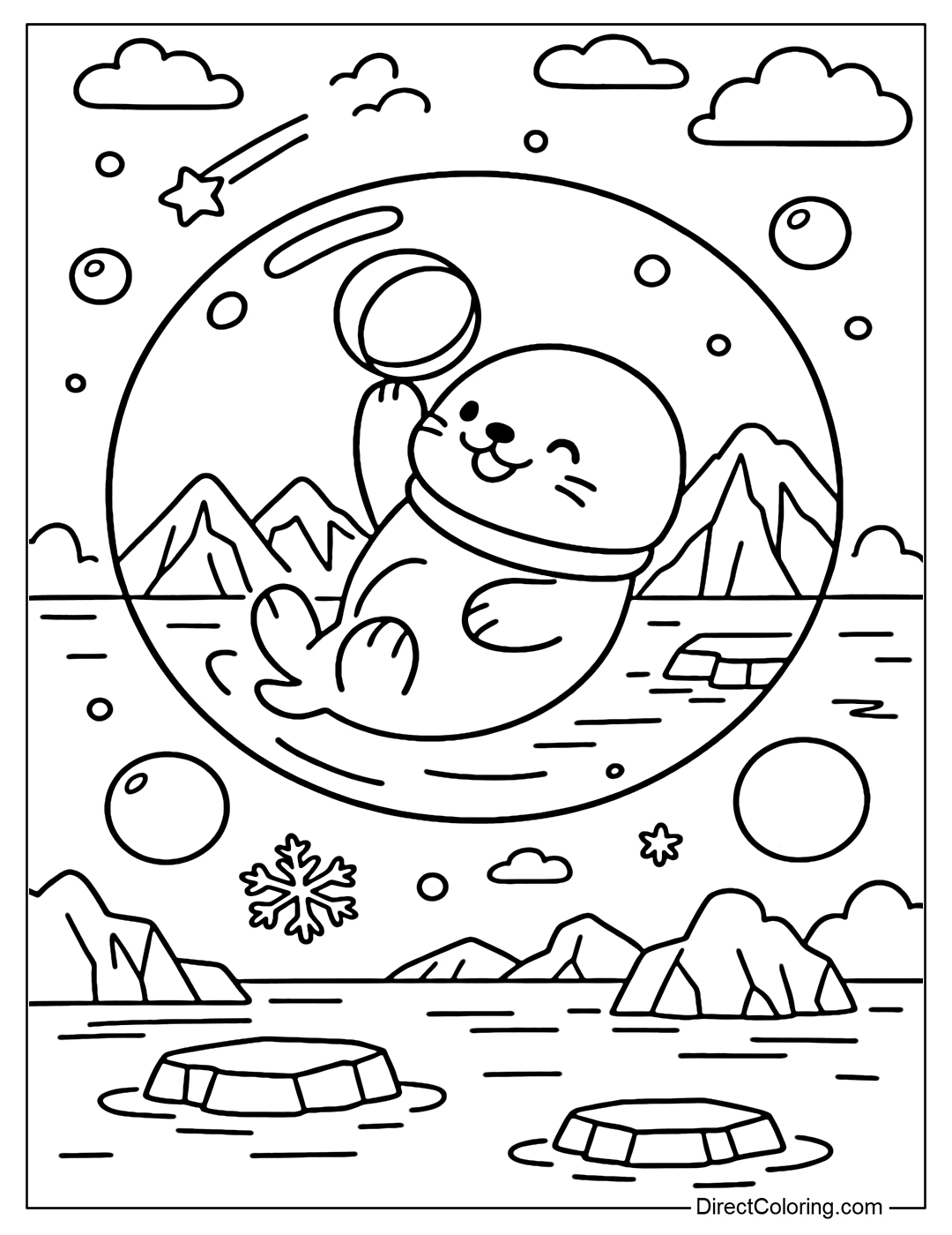 A large soap bubble coloring page floating, inside the bubble is a lovely baby seal playing with a round ball. Outside the bubble is a scene of a large ice lake.