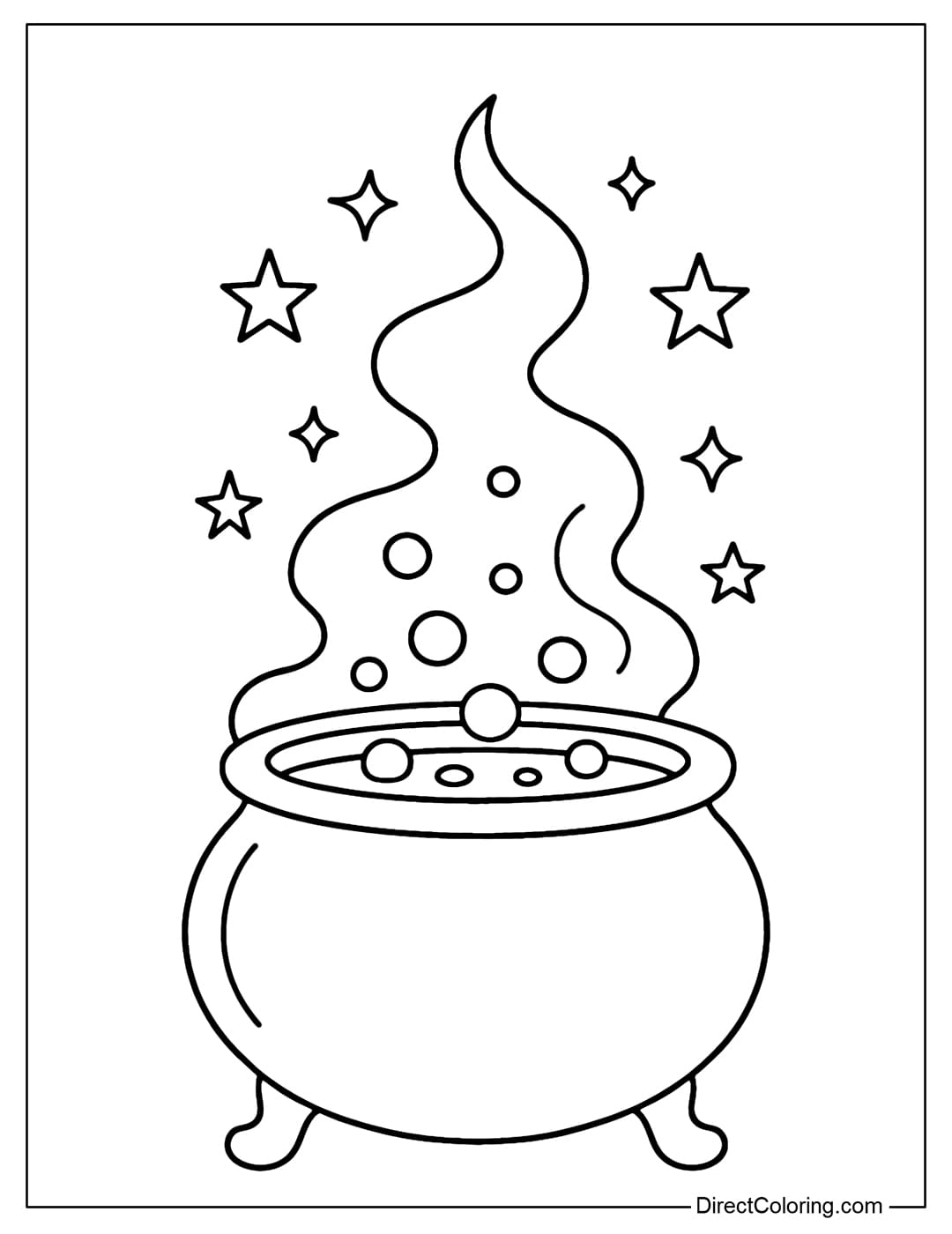 Coloring page of a cauldron with magical bubbles rising, and faint smoke rising in the shape of stars.