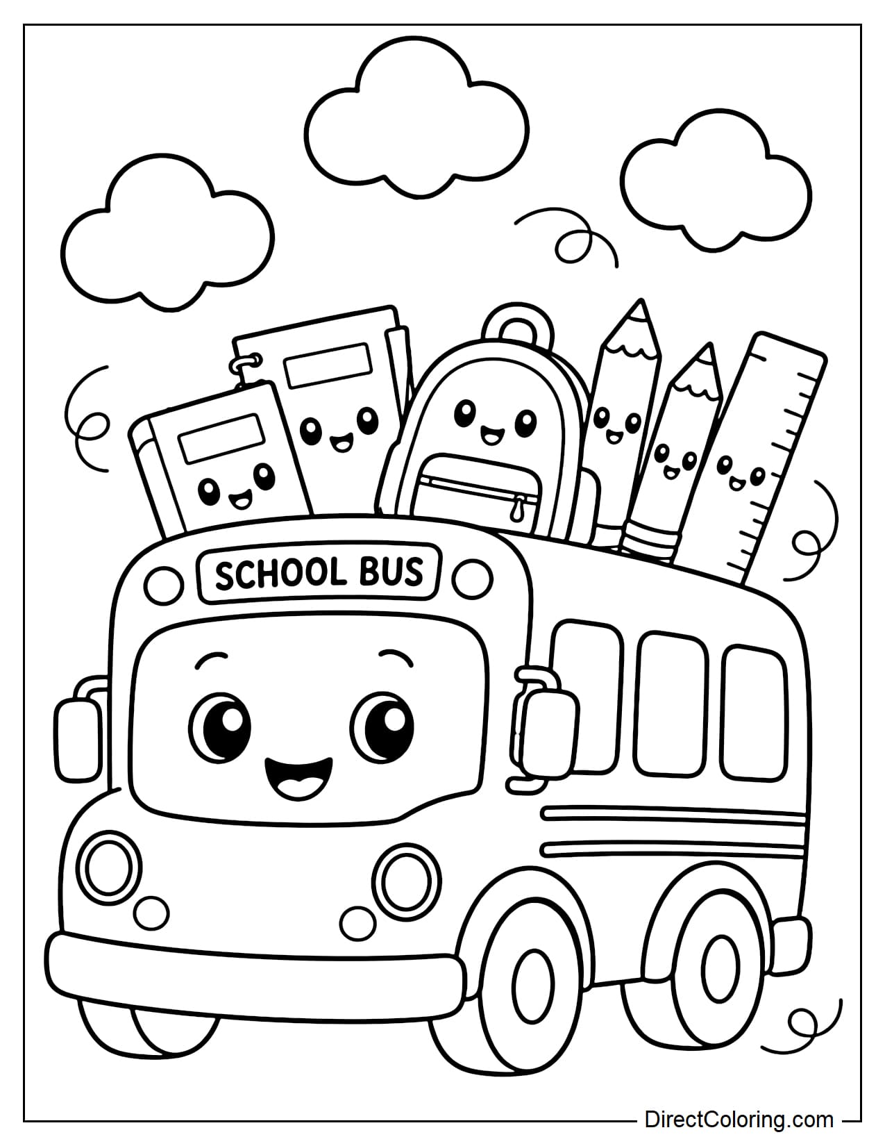 A cartoon bus carrying cute school supplies such as books, pencils, school bags, rulers, and surrounded by a few clouds.