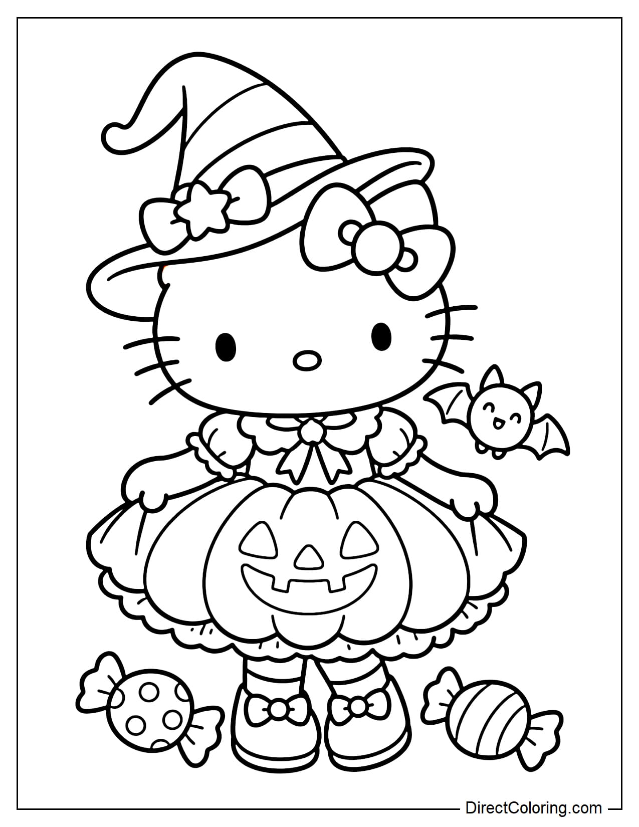 Hello Kitty wears a witch hat and a puffy dress shaped like a Jack-o'-lantern, with wide, curved pumpkin segments. She gently lifts both sides of her skirt as if twirling. A chubby little bat and two large pieces of candy sit beside her.