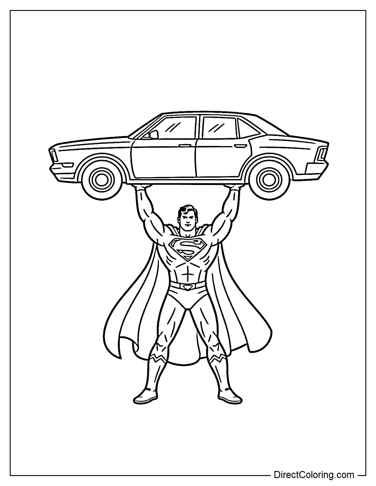 Superman coloring page lifting a car with his superhuman strength.